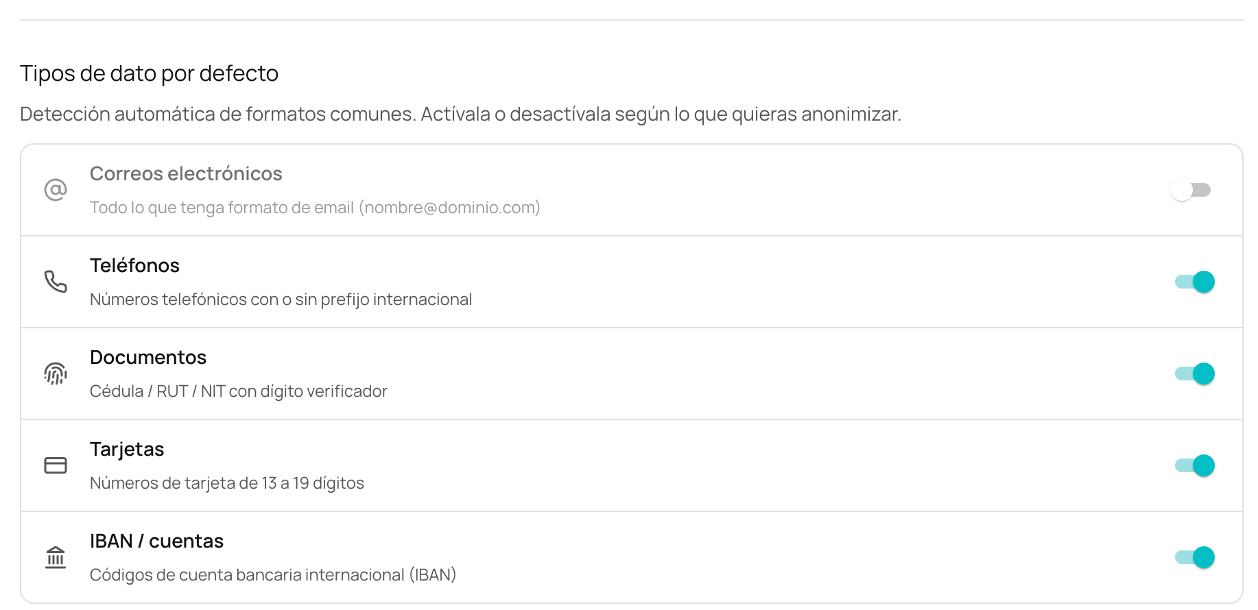NiuCore default data types: emails, phone numbers, IDs, cards and bank accounts, each with its own switch.
