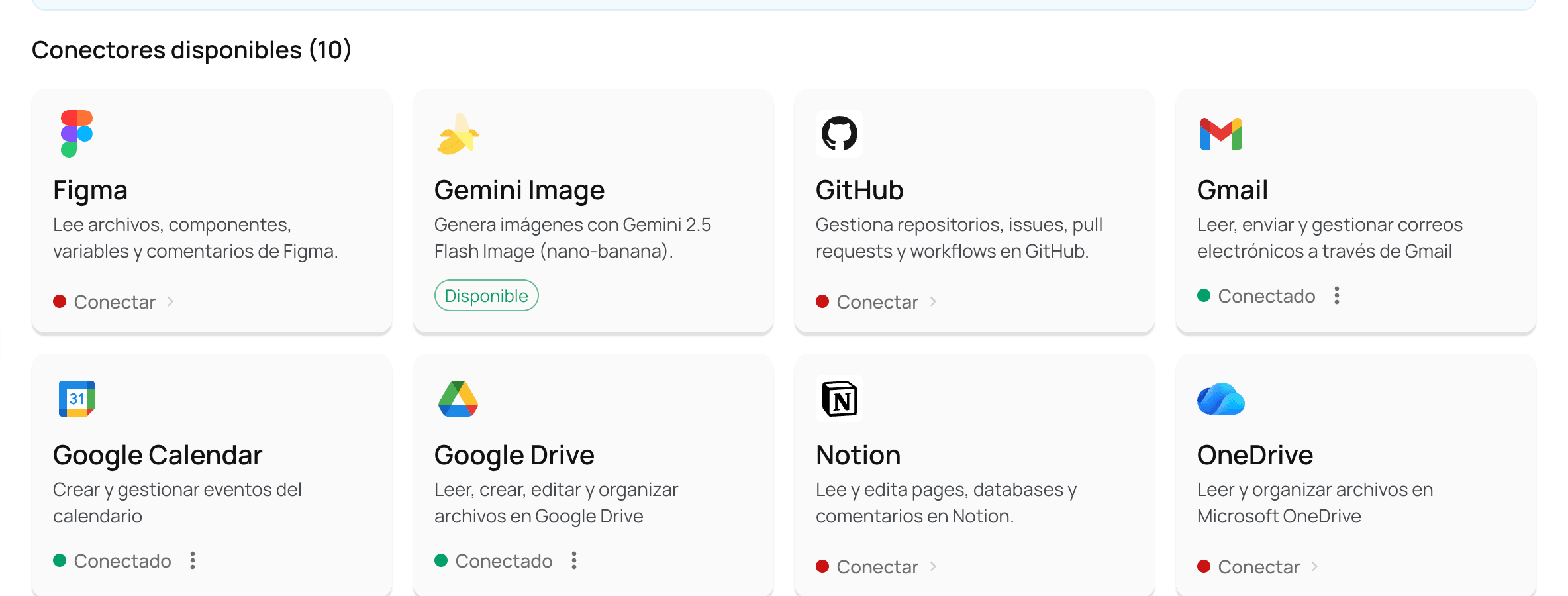 NiuCore connector catalog: Figma, GitHub, Gmail, Google Calendar, Google Drive, Notion and OneDrive.