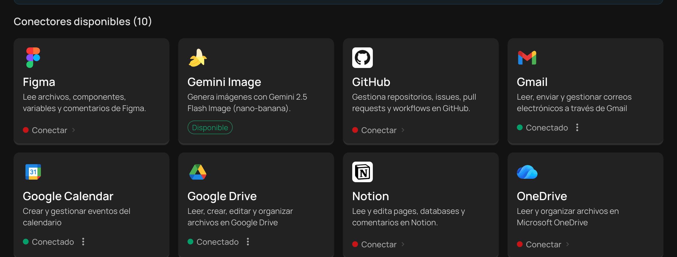 NiuCore connector catalog: Figma, GitHub, Gmail, Google Calendar, Google Drive, Notion and OneDrive.