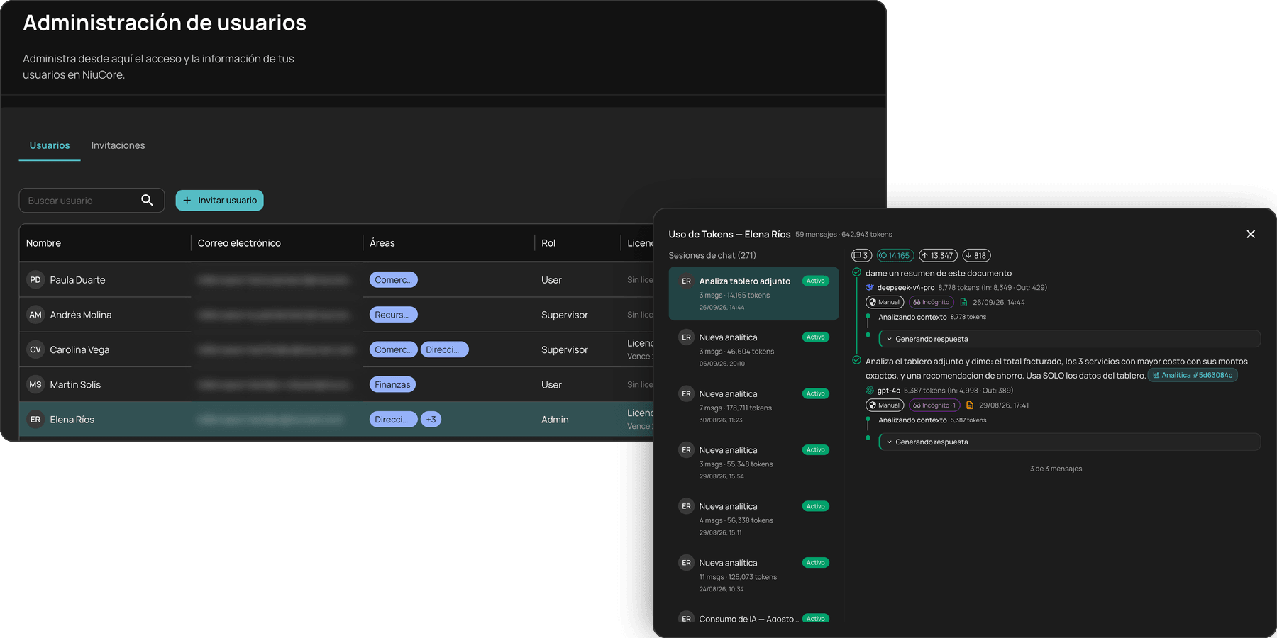 NiuCore user administration with areas, roles and licenses and, on top, a user's usage detail by conversation, model and response step.