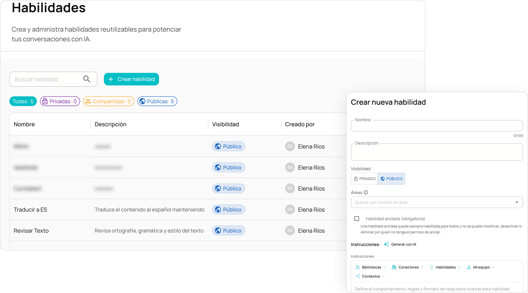 NiuCore Skills module with the list of skills and the form to create a new one.