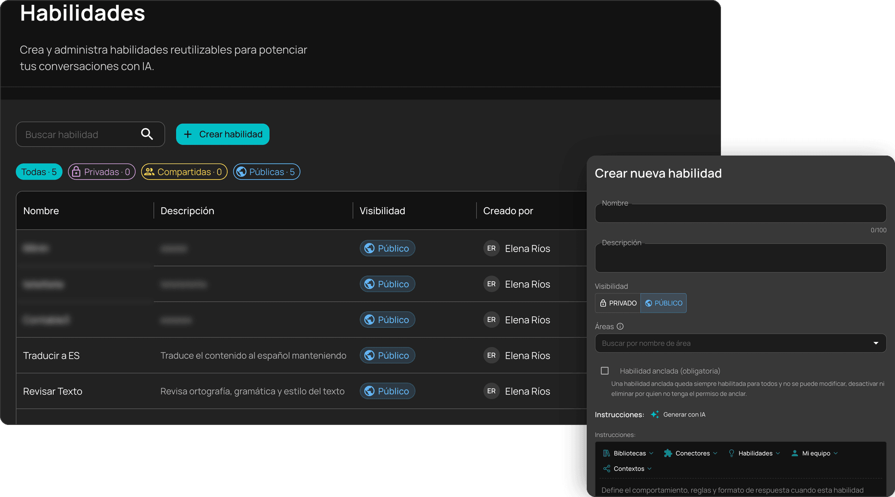 NiuCore Skills module with the list of skills and the form to create a new one.
