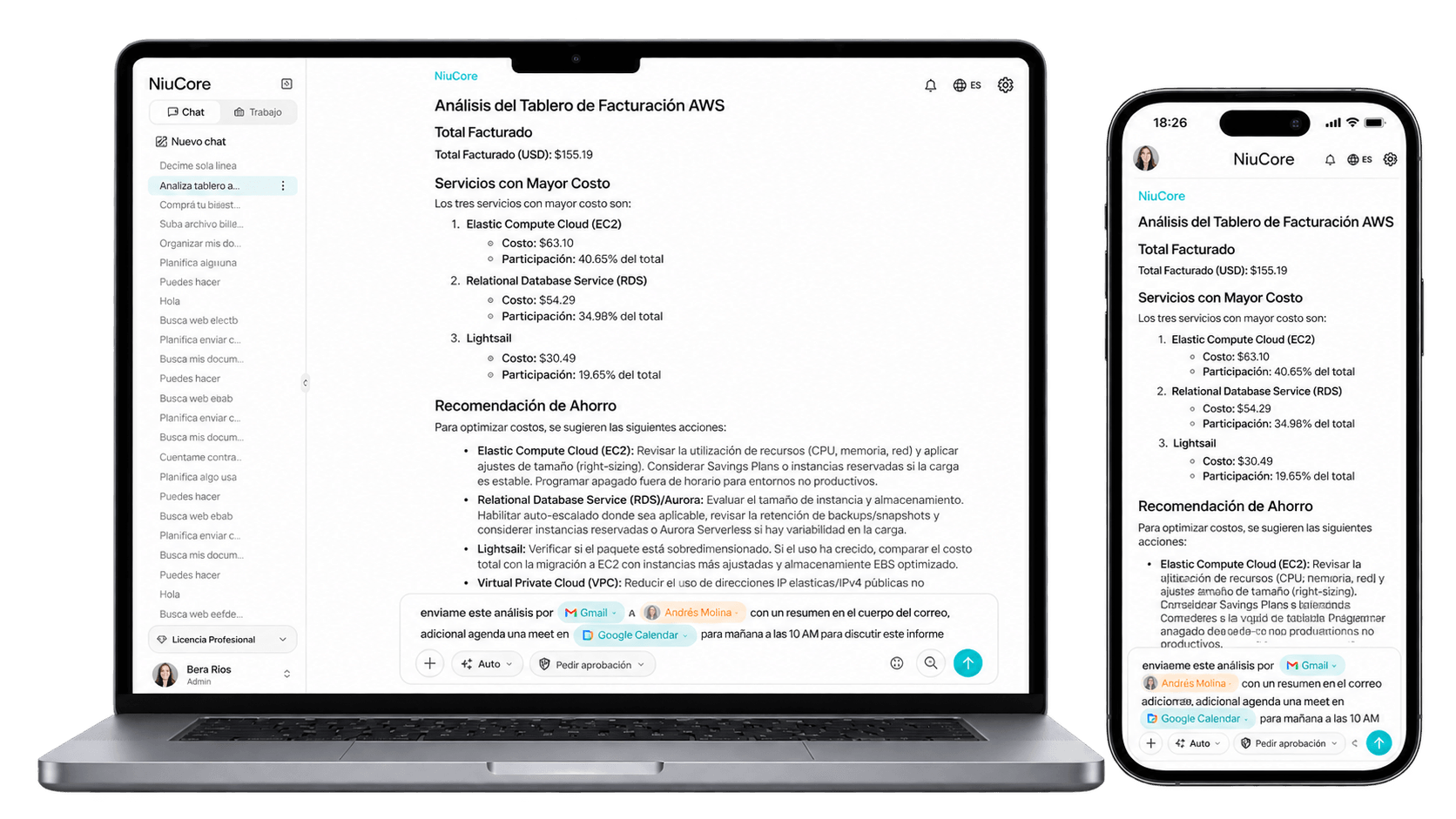 NiuCore on a laptop and a phone: a billing dashboard analysis and a message that cites Gmail, a team member and Google Calendar to send the summary and schedule a meeting.