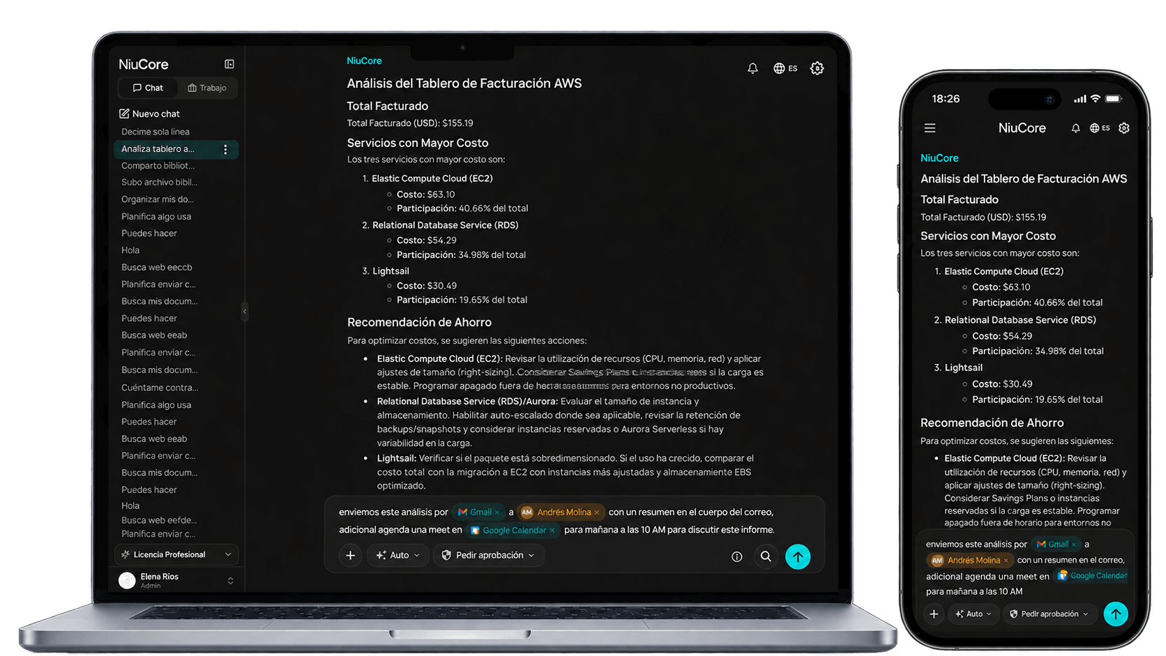 NiuCore on a laptop and a phone: a billing dashboard analysis and a message that cites Gmail, a team member and Google Calendar to send the summary and schedule a meeting.