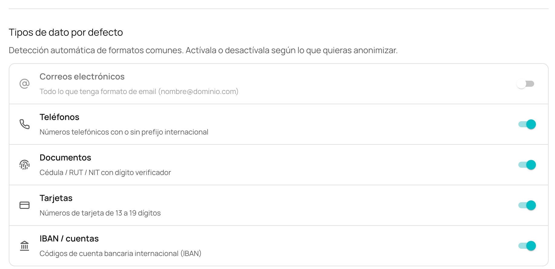 NiuCore default data types: emails, phone numbers, IDs, cards and bank accounts, each with its own switch.