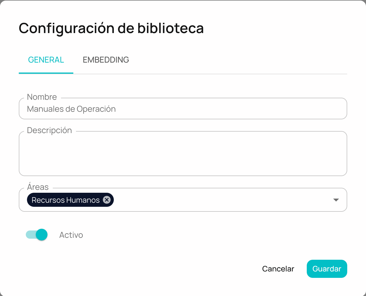 A library's settings in NiuCore: name, description, assigned areas and status.