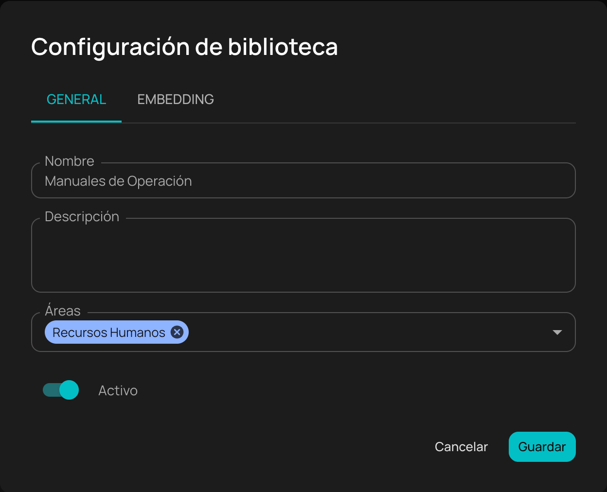 A library's settings in NiuCore: name, description, assigned areas and status.