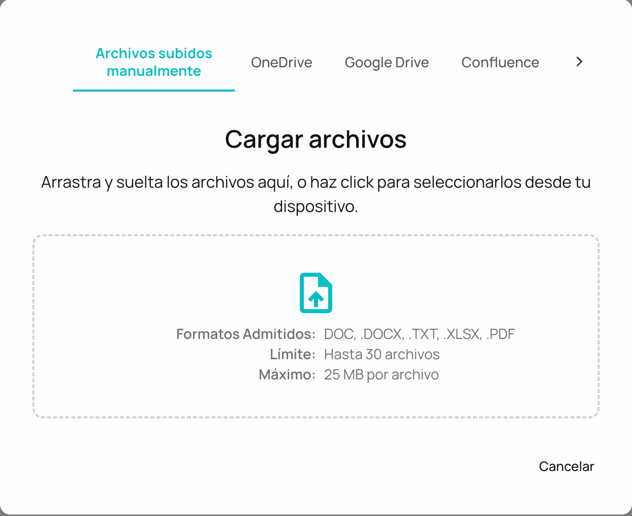 NiuCore «Upload files» window, with manual upload and import from OneDrive, Google Drive and Confluence.
