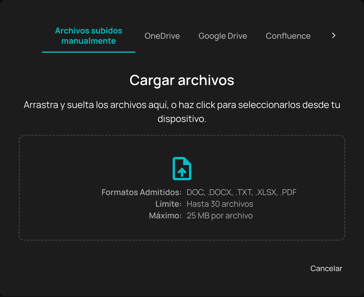 NiuCore «Upload files» window, with manual upload and import from OneDrive, Google Drive and Confluence.