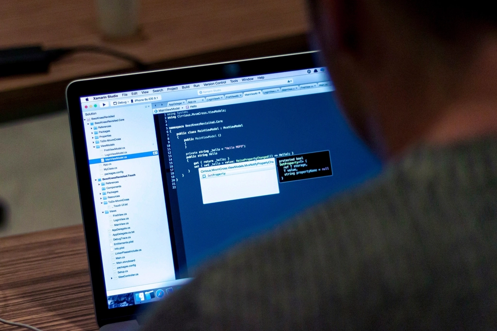 Developer writing code on a laptop.