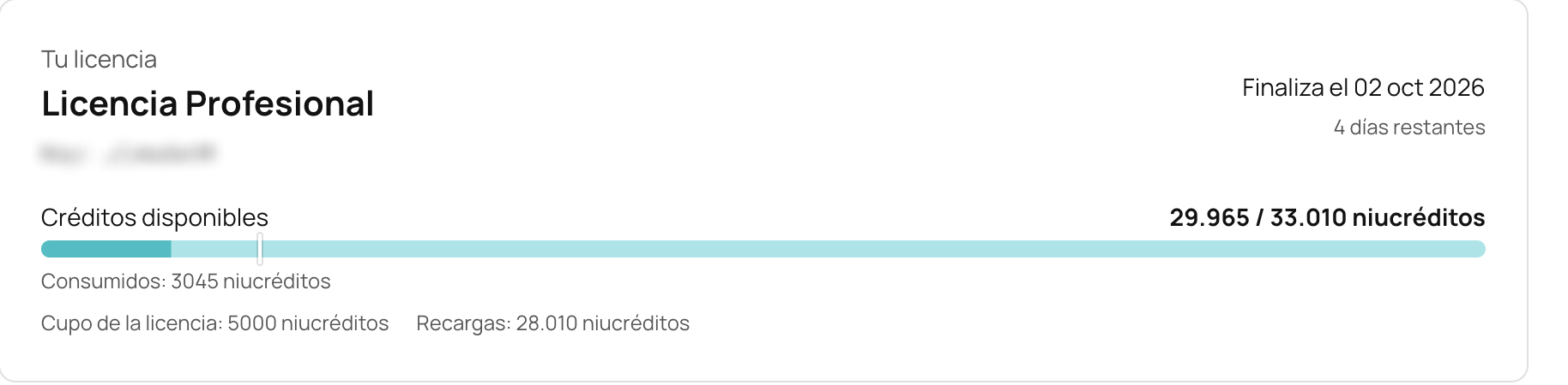 A user license in NiuCore: available and consumed niucredits, license allowance and top-ups.