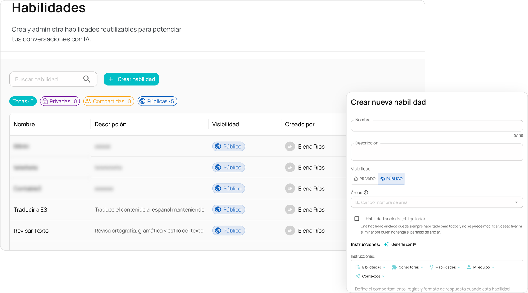 NiuCore Skills module with the list of skills and the form to create a new one.