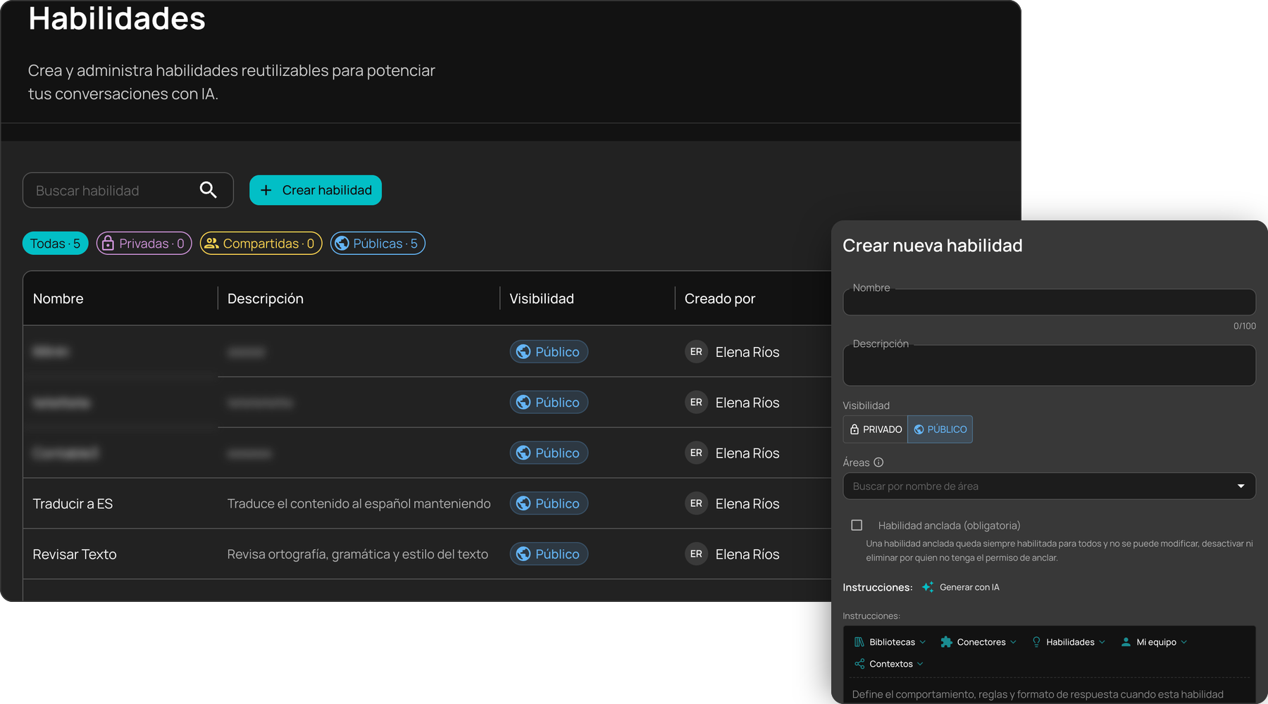 NiuCore Skills module with the list of skills and the form to create a new one.
